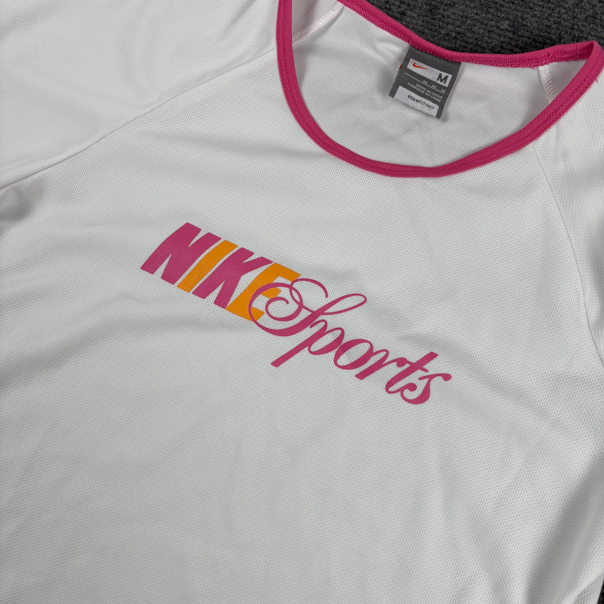 Y2K Nike Sports Script Tee White Hot Pink Ringer Fitted photo 3