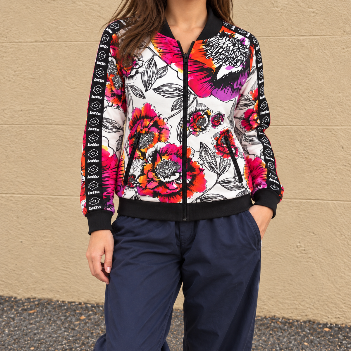 Lotto Floral Bomber Jacket Women's Medium Orange Red Arm Tape Full Zip
