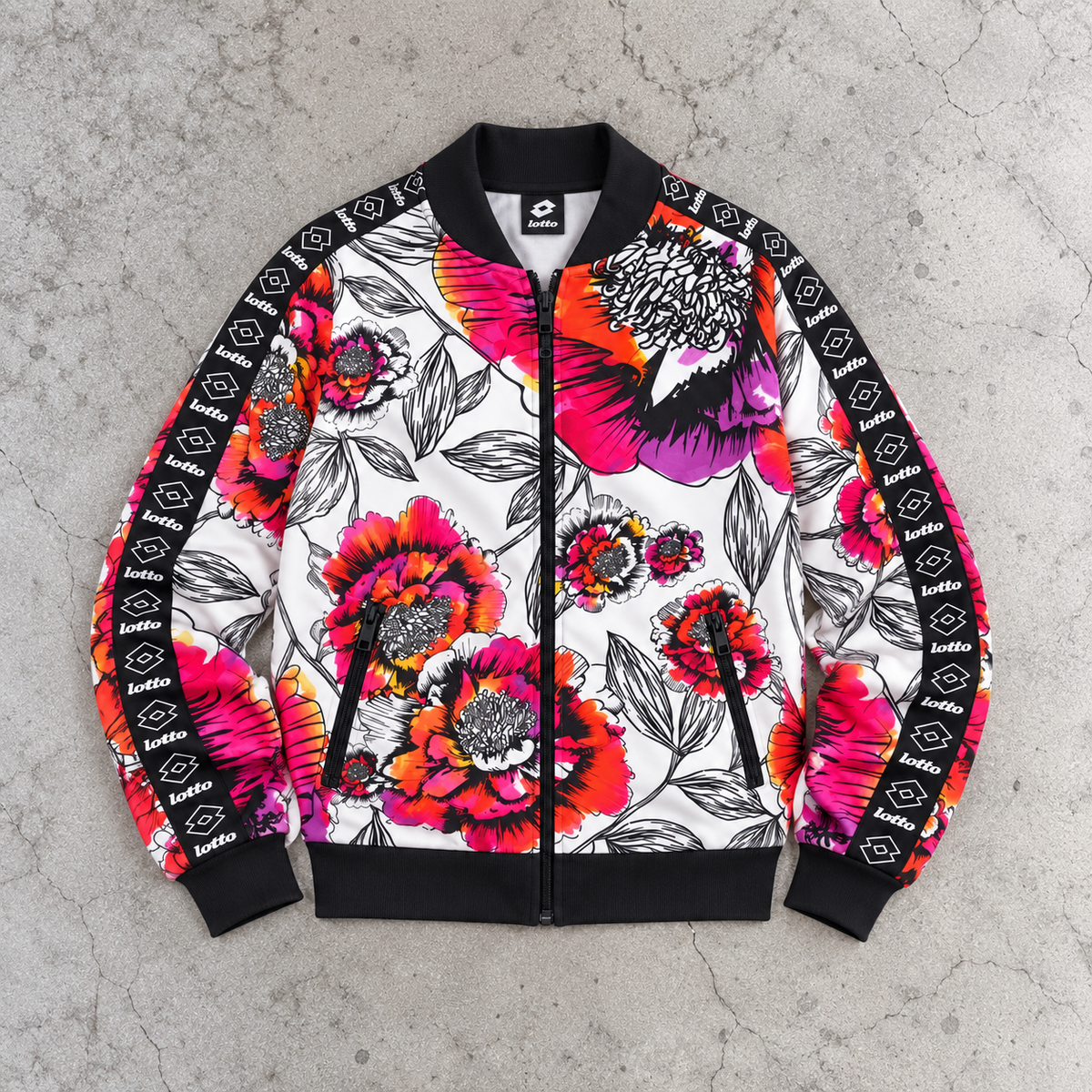 Lotto Floral Bomber Jacket Women's Medium Orange Red Arm Tape Full Zip