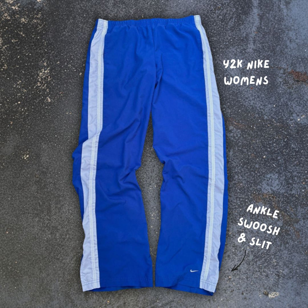 Vintage Y2K Nike Track Pants Women’s Size M Two-Tone Blue Wide Leg Ankle Slit Swoosh