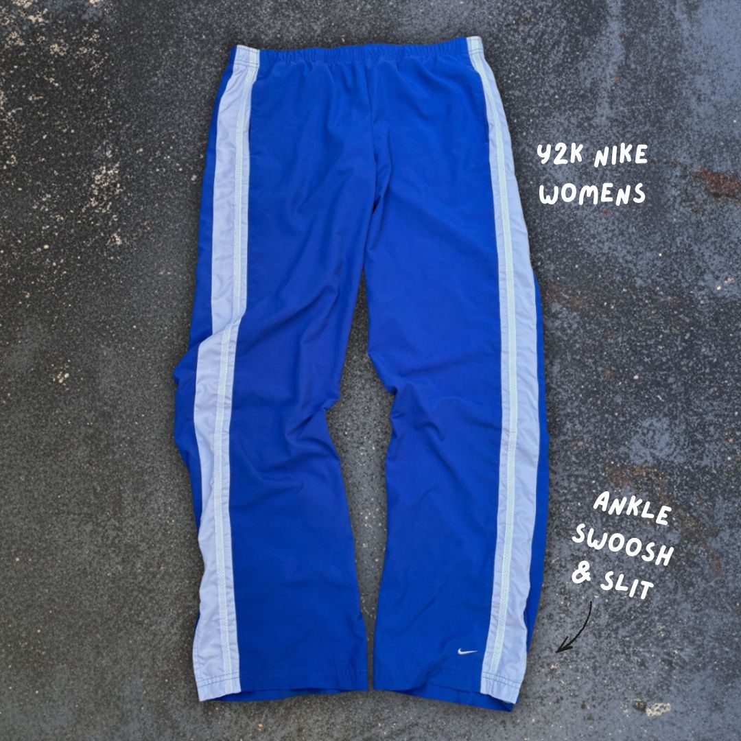 Vintage Y2K Nike Track Pants Women’s Size M Two-Tone Blue Wide Leg Ankle Slit Swoosh