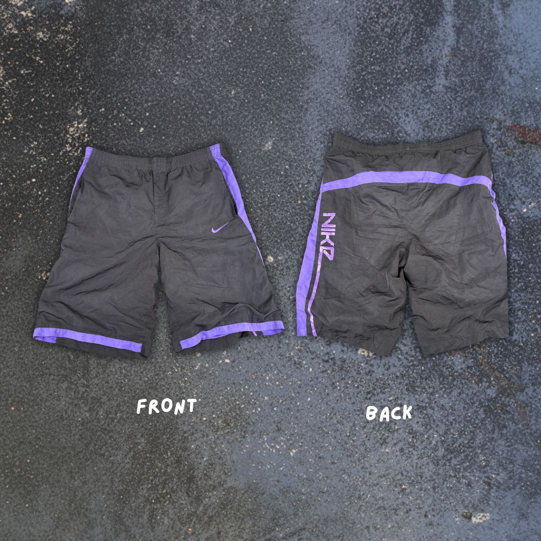 Nike Shorts Women’s L Black Purple Swoosh Spell Out Windbreaker Style