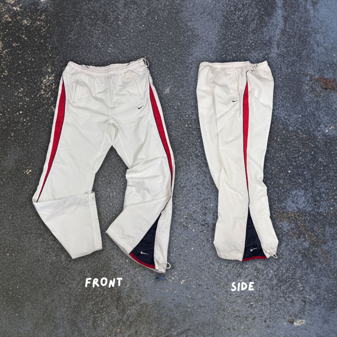 Vintage Y2K Nike Track Pants Size L White Red Detail Wide Leg Bungee Waist Ankle Zip