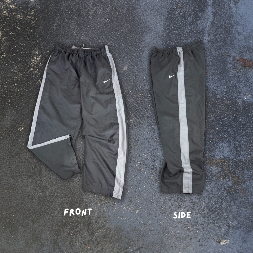 Nike Dri-Fit Track Pants L Black Printed Grey Swoosh Side Panels Baggy Fit