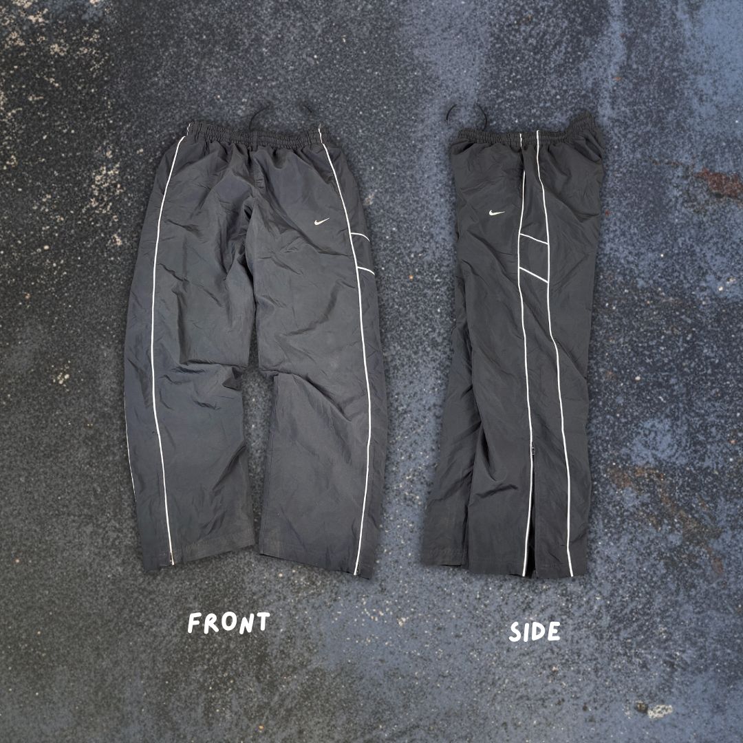 Y2K/10s Nike Track Pants Size L Black Double Piping Swoosh Ankle Zips Wide Leg