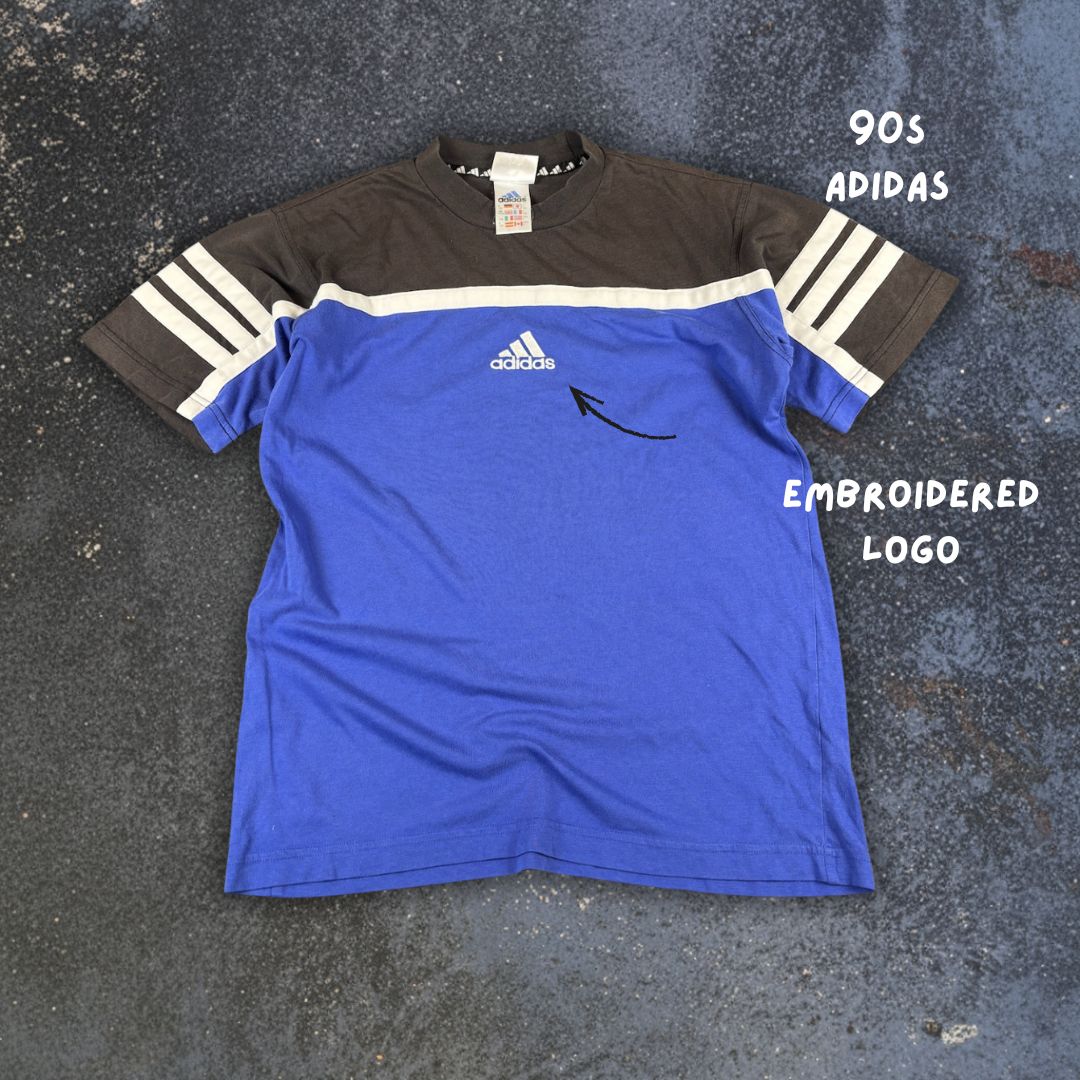 Vintage 90s Adidas T-Shirt L Navy 3 Stripe Centre Logo Crew Neck