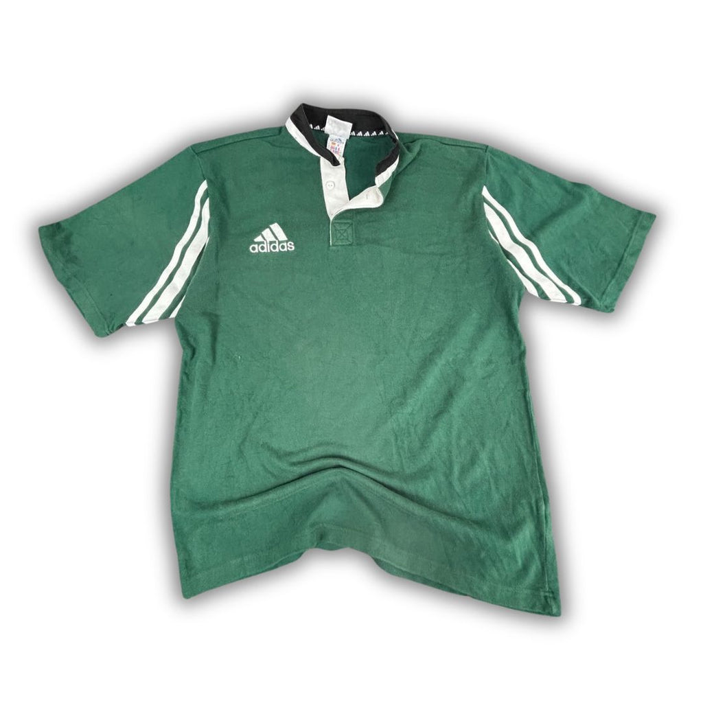 Vintage 90's Adidas Rugby Polo Men's L Green White Logo 3 Stripe Shirt Heavy  Button Down