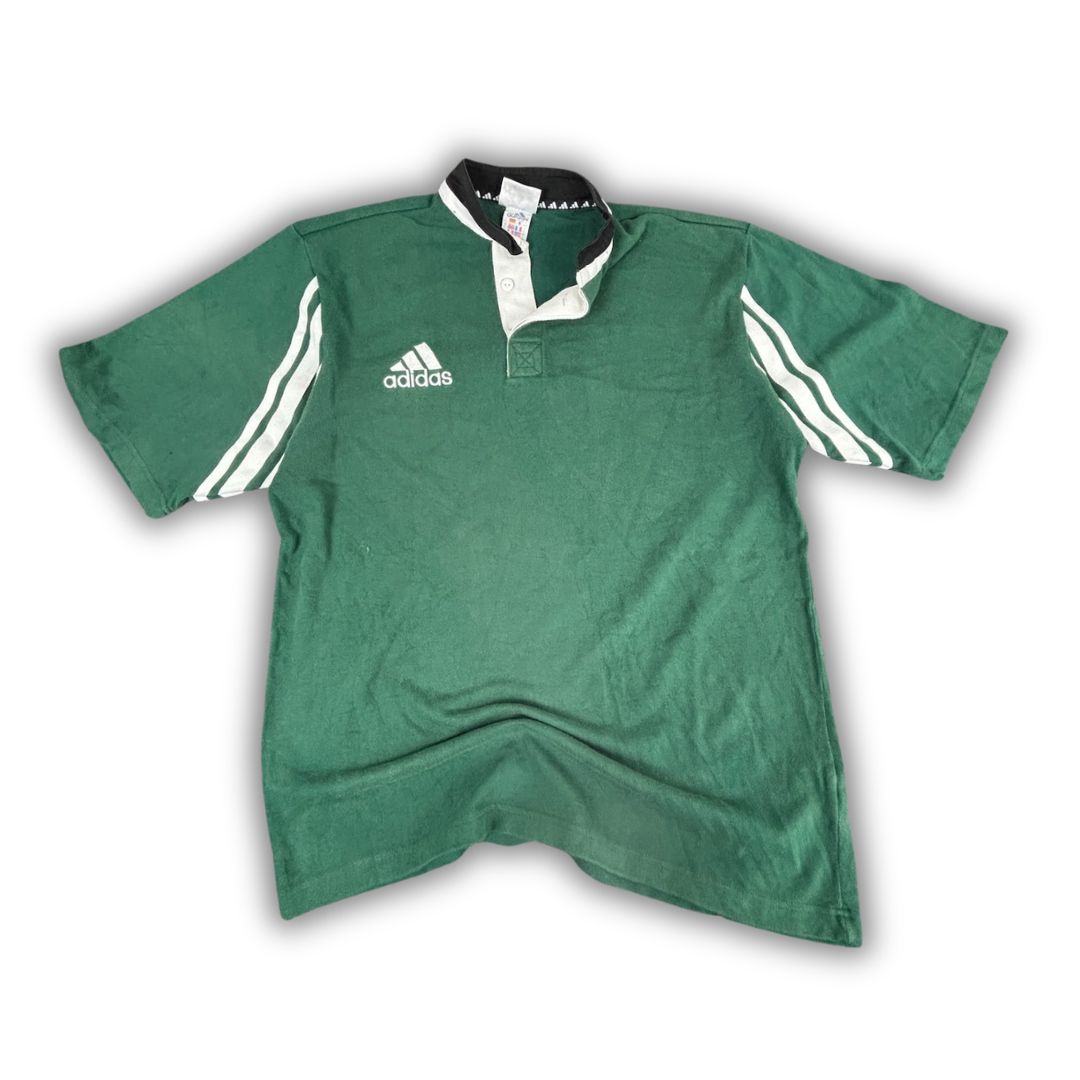 Vintage 90's Adidas Rugby Polo Men's L Green White Logo 3 Stripe Shirt Heavy  Button Down