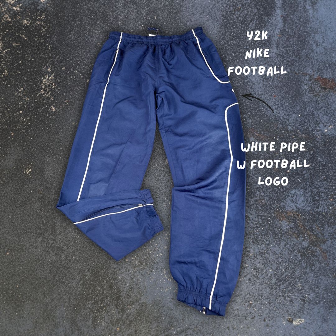 Vintage Y2K Nike Football Track Pants Men's M Navy White Piping Straight to Wide Leg