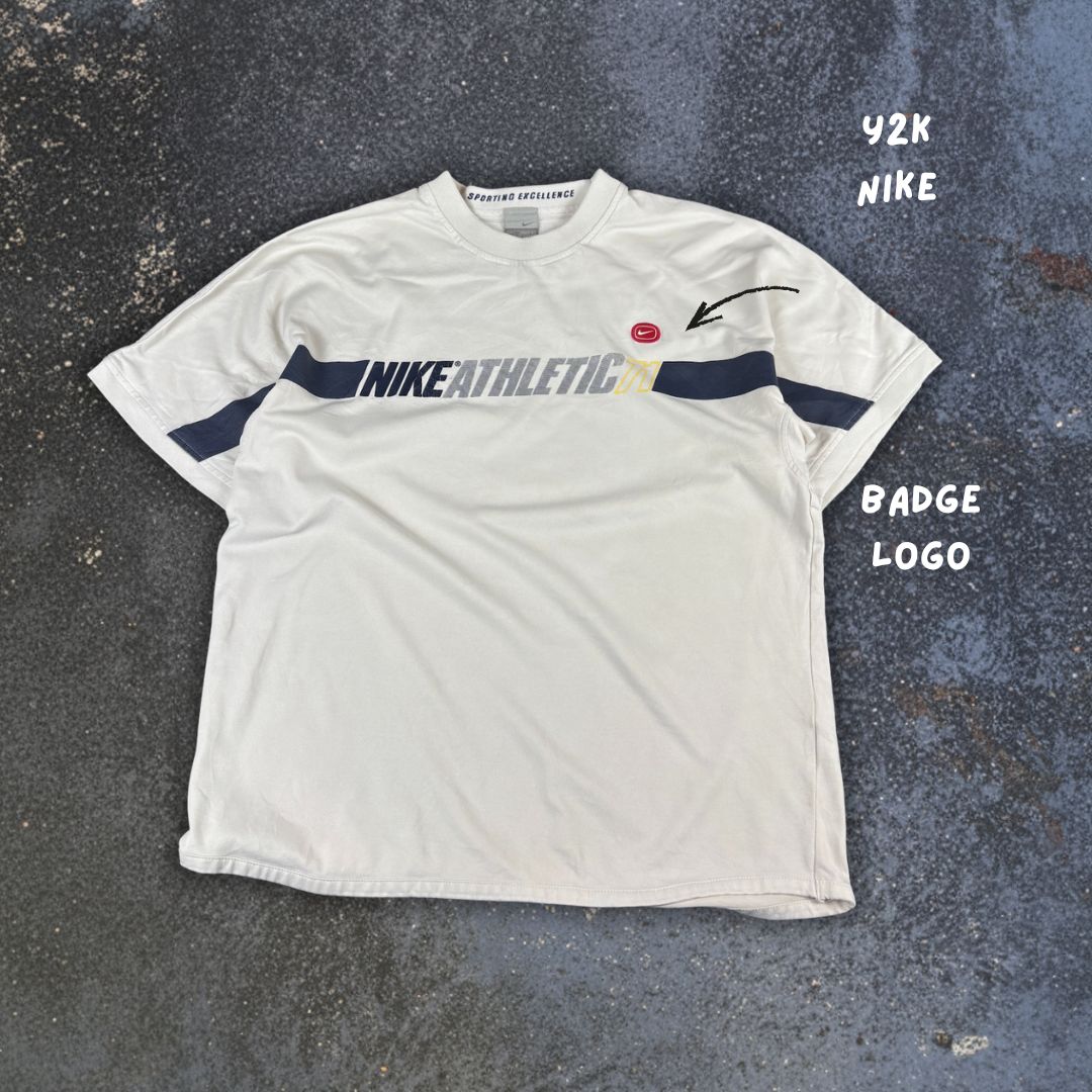 Vintage Y2K Nike T-Shirt L White Grey Cotton Athletic 71 Spell Out Badge Logo