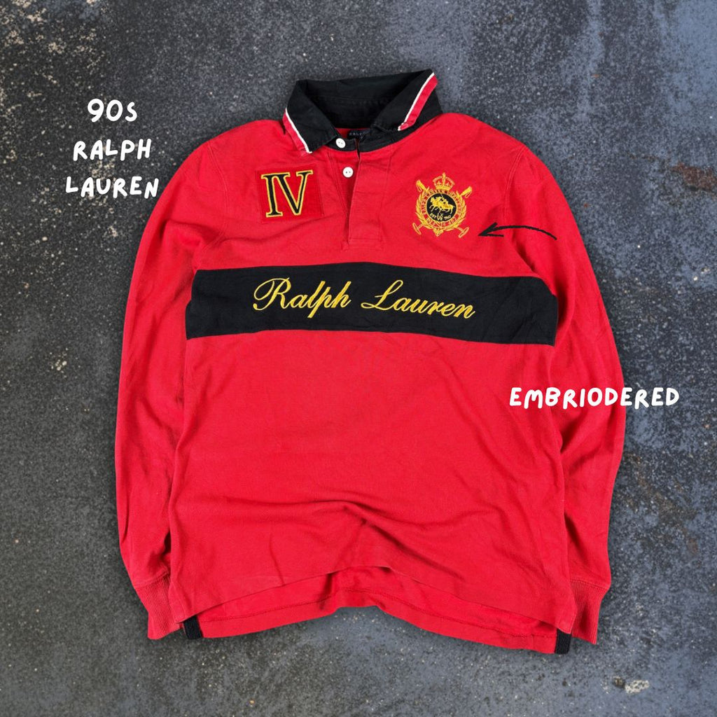 Vintage Y2K Ralph Lauren Polo Size S Red Long Sleeve Embroidered Spell Out