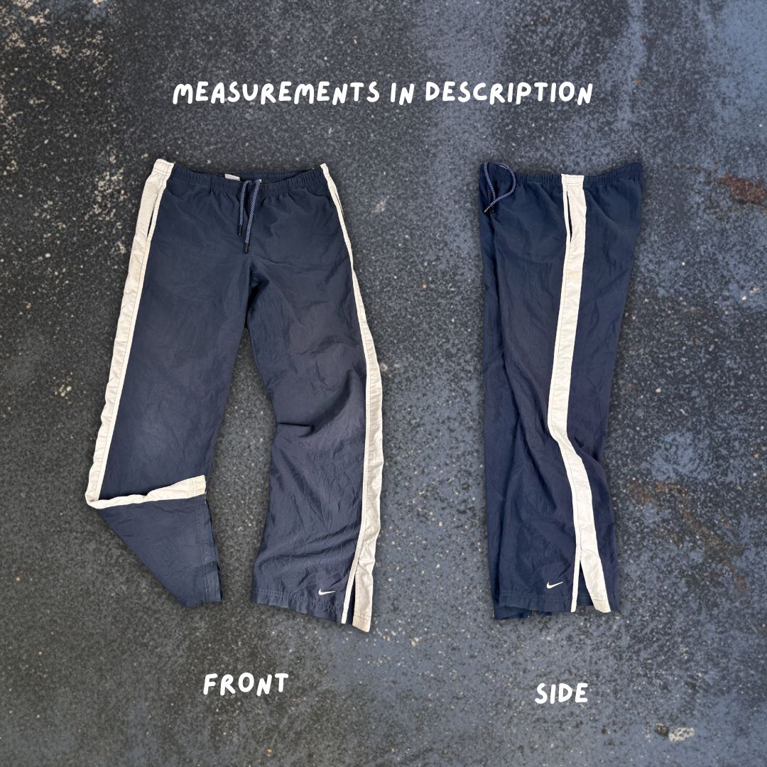 Vintage Y2K Nike Track Pants Women's M Navy White Panel Ankle Swoosh + Slit Straight Leg