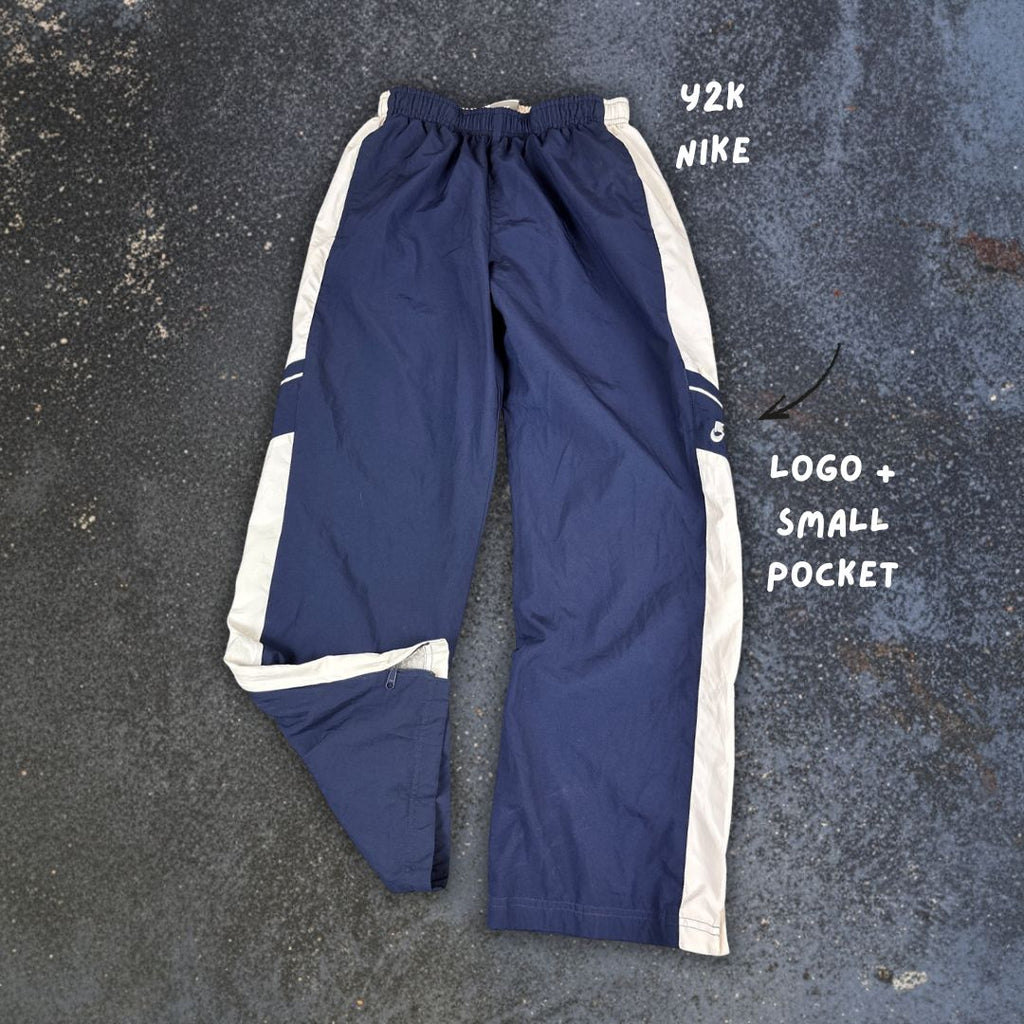 Vintage Y2K Nike Track Pants Women's XS Navy Blue White Wide Leg Ankle Zips