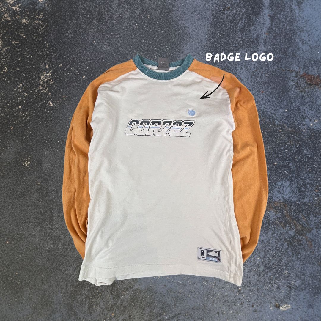 Vintage Y2K Nike Cortez 72 T-Shirt Men's S White Orange Badge Logo Long Sleeve