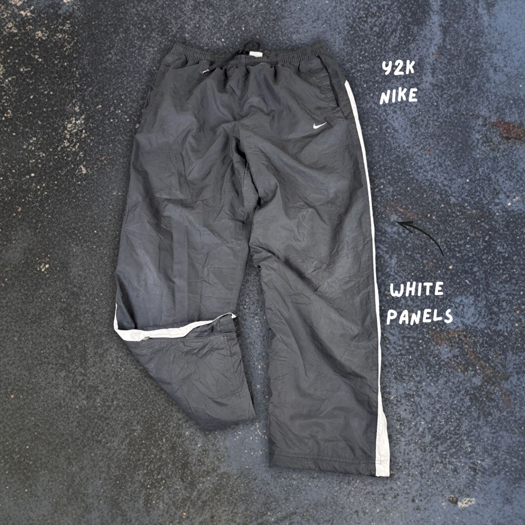 Vintage Y2K Nike Track Pants L Black Poly White Swoosh Panel Ankle Zips Wide Leg