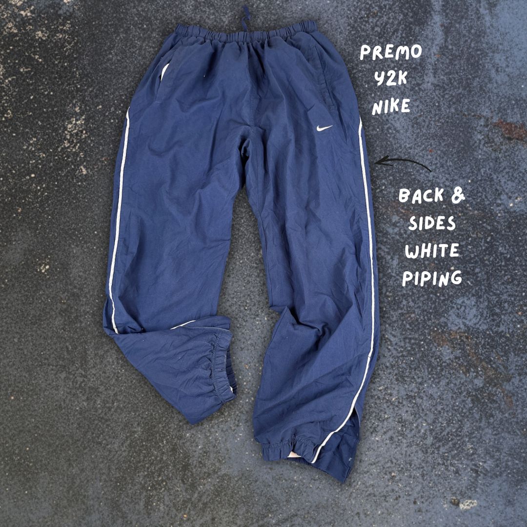 Vintage Y2K Nike Track Pants Men’s M Navy White Swoosh Grey Piping Straight Leg