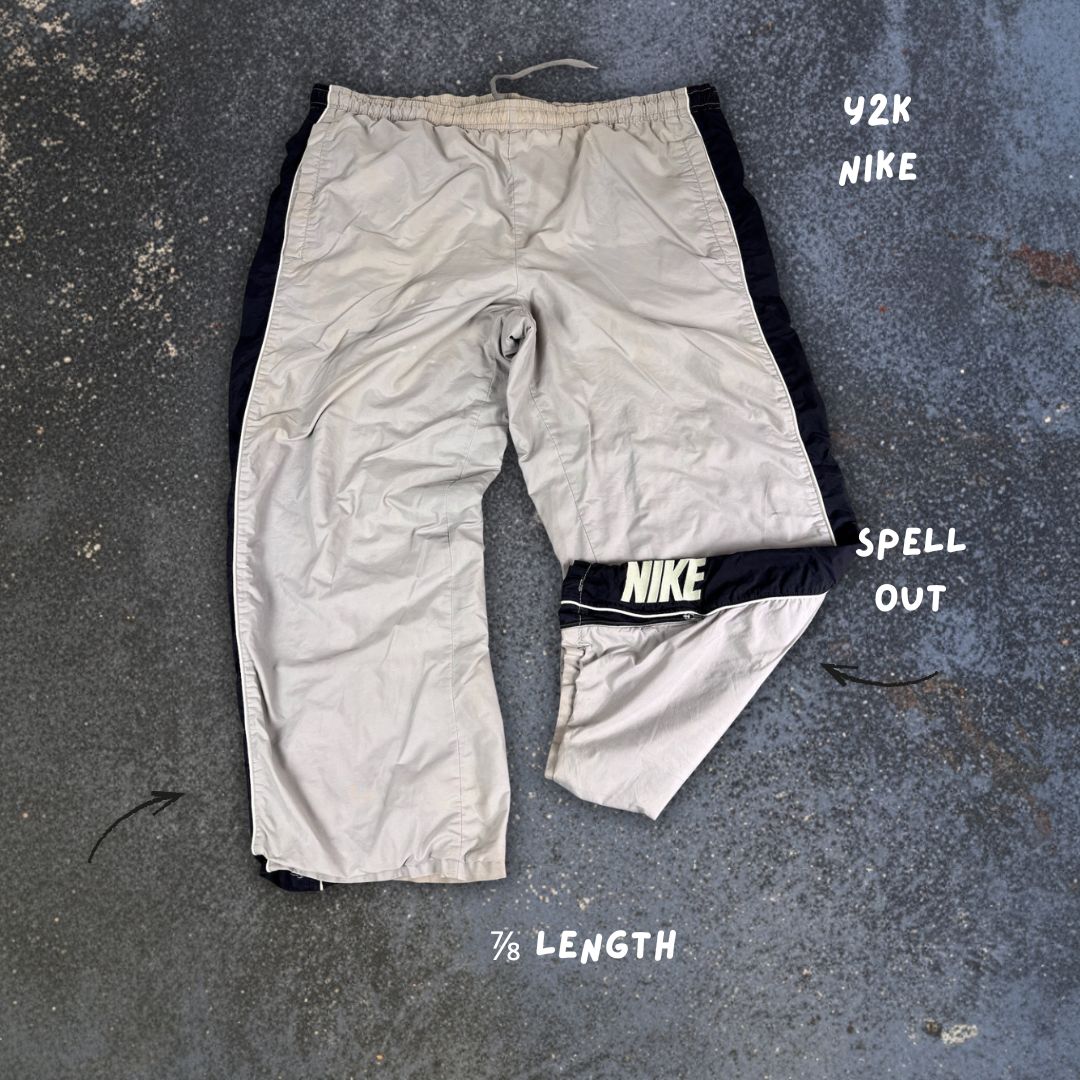 Vintage Men's Y2K Nike Track Pants Size XL Grey White Black Panels w Spell Out 7/8 Length Ankle Zips Wide Leg