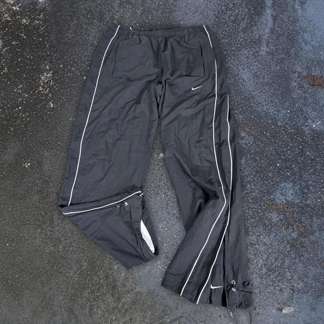 Vintage Y2K Nike Track Pants Size M Black White Piping Wide Leg Bungee Ankle Zip
