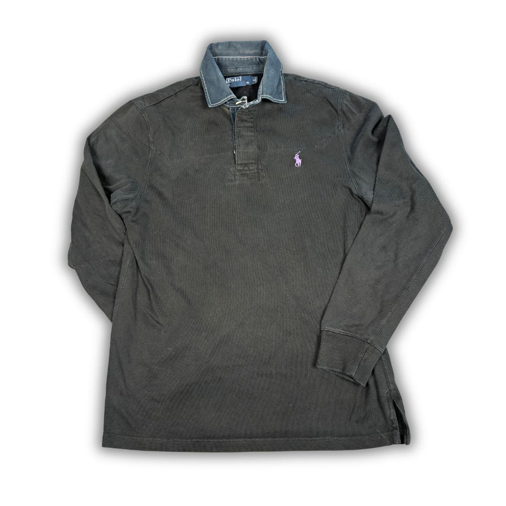 Vintage 90's Ralph Lauren Rugby Polo Men's S Black Purple Pony Denim Collar Collared