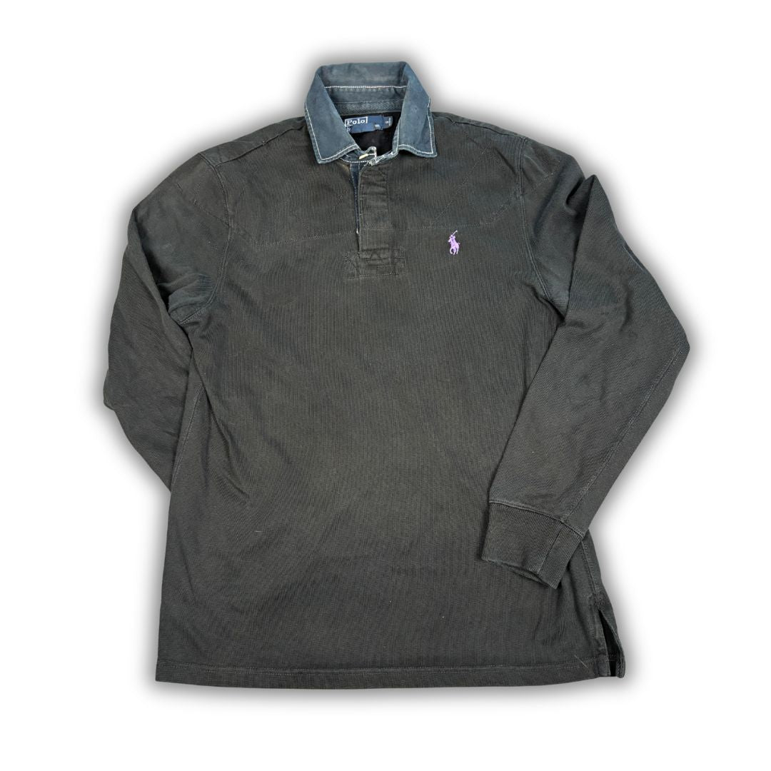 Vintage 90's Ralph Lauren Rugby Polo Men's S Black Purple Pony Denim Collar Collared