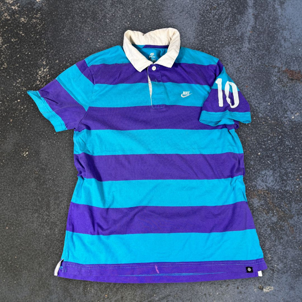 Nike Striped Polo Shirt Men’s L Blue Purple Cotton Chest Logo Collared Neck