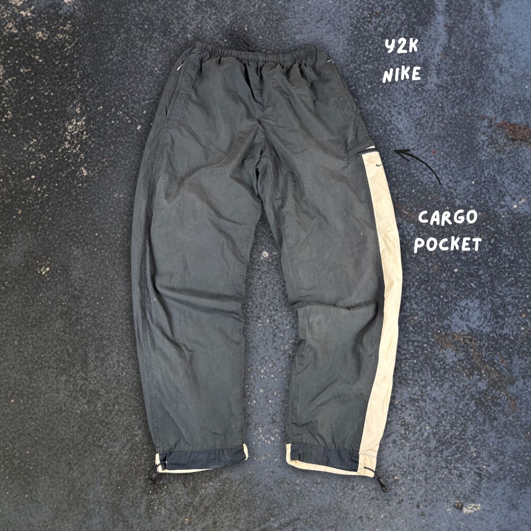 Vintage Y2K Nike Cargo Track Pants Size M Black Grey Cream Bungee Tabs Wide Leg