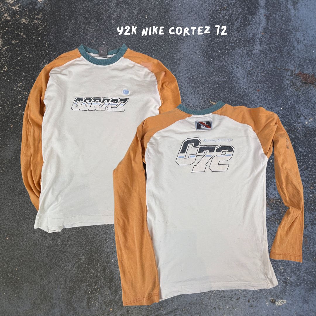 Vintage Y2K Nike Cortez 72 T-Shirt Men's S White Orange Badge Logo Long Sleeve