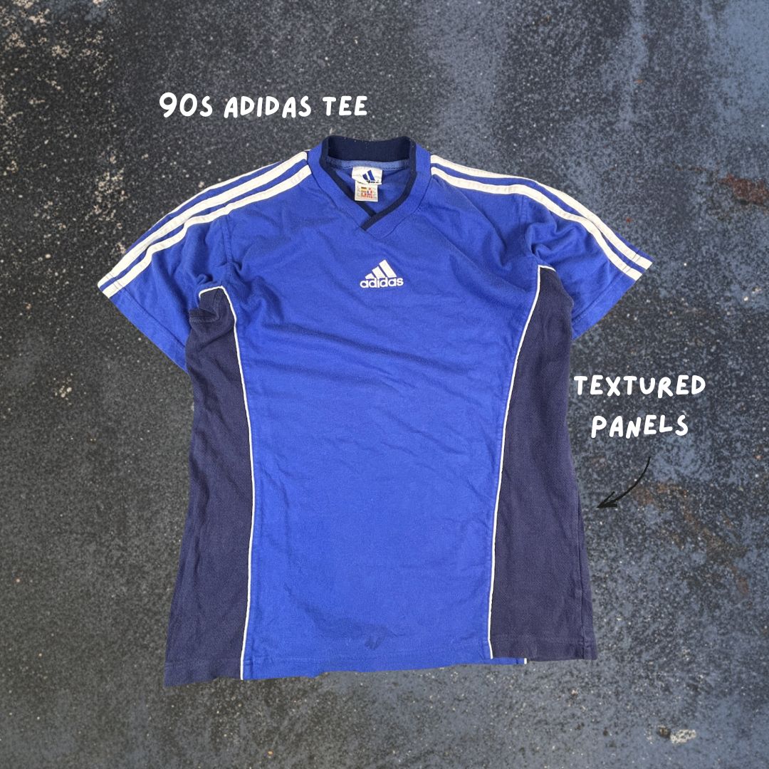 Vintage 90s Adidas T-Shirt Mens L Blue Navy Panels V-Neck Centre Logo