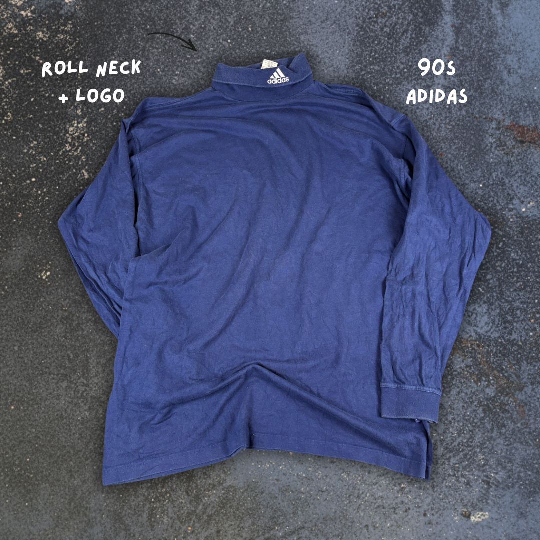Vintage 90s Adidas Skivvy Long Sleeve XL Navy Blue Cotton Roll Neck Embroidered Logo