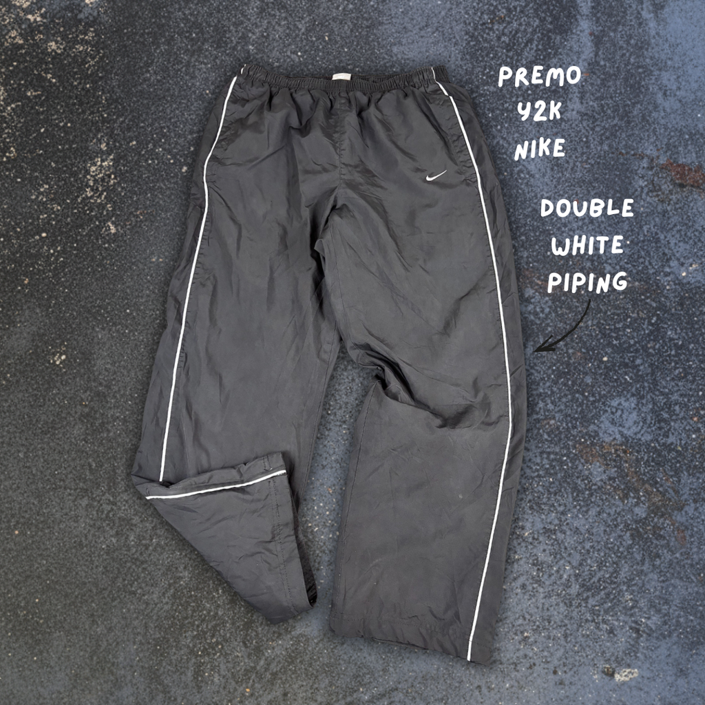 Vintage Y2K Nike Track Pants Men's M Black Grey Piping Swoosh Baggy Fit Premo