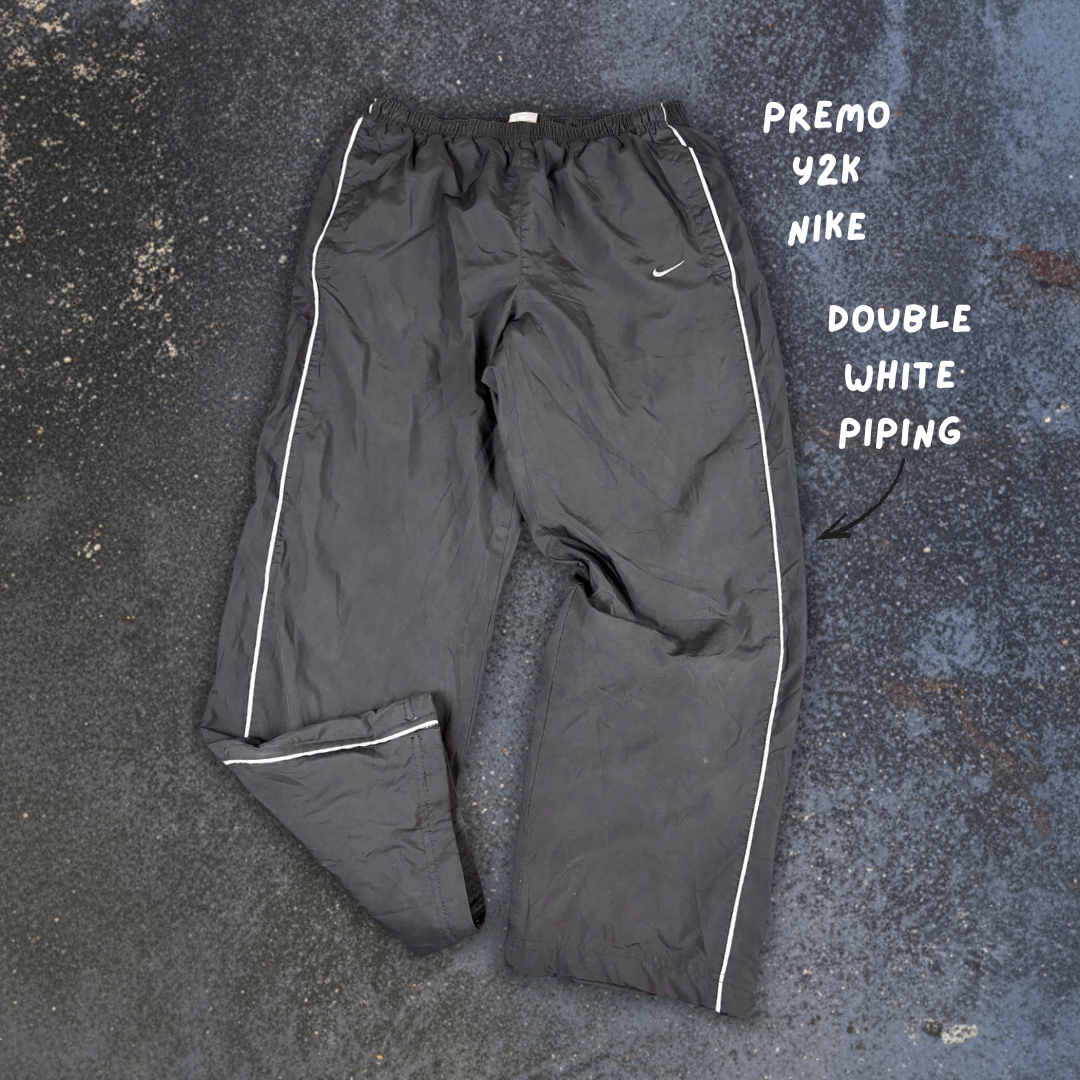 Vintage Y2K Nike Track Pants Men's M Black Grey Piping Swoosh Baggy Fit Premo