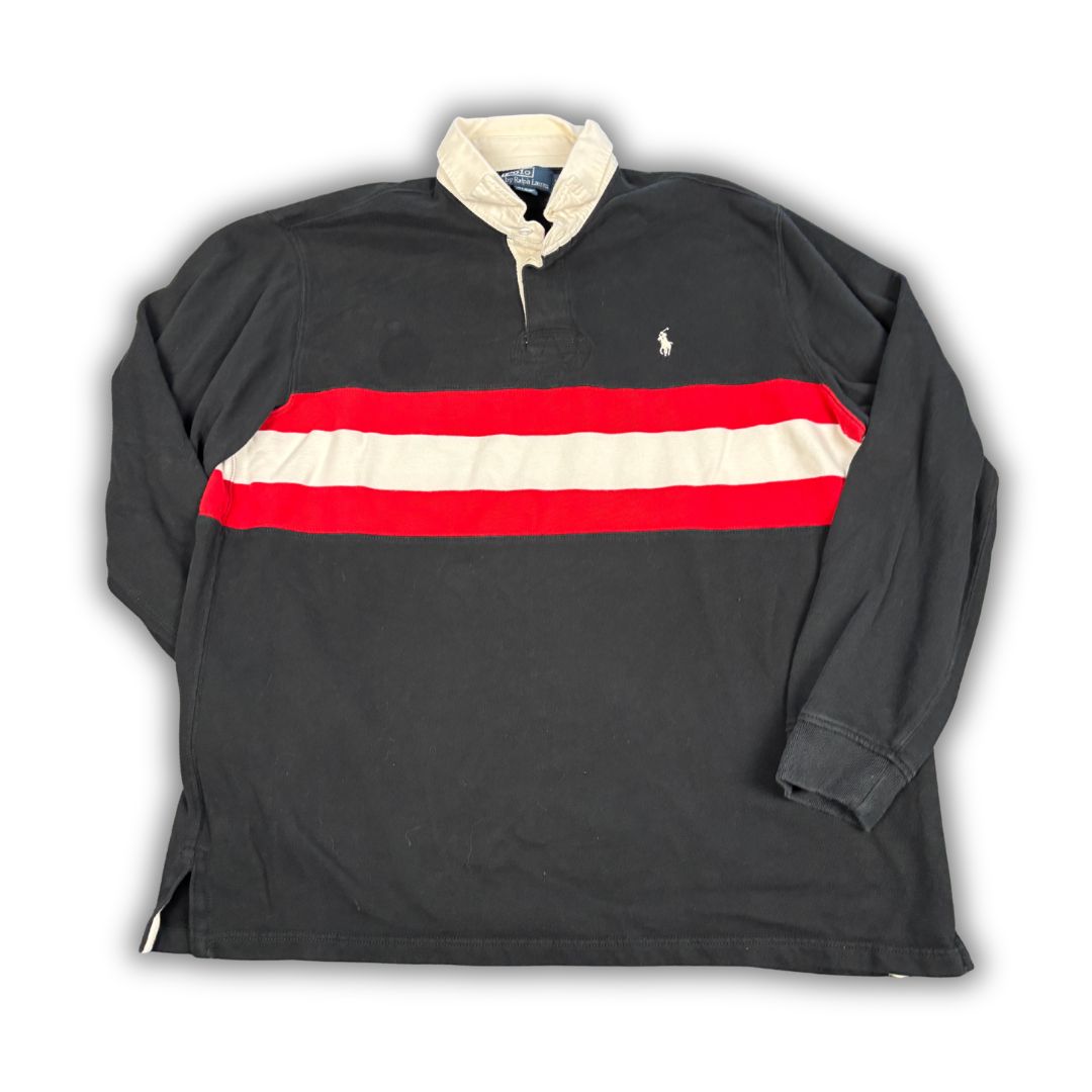 Vintage 90's Ralph Lauren Rugby Polo Men's XL Black Chest Stripe w White Pony Collared
