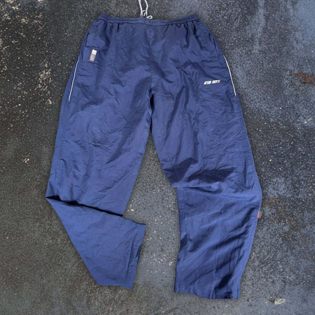 Vintage 90s Nike Track Pants Size XL Navy Badge Swoosh Spell Out Wide Leg Ankle Zip