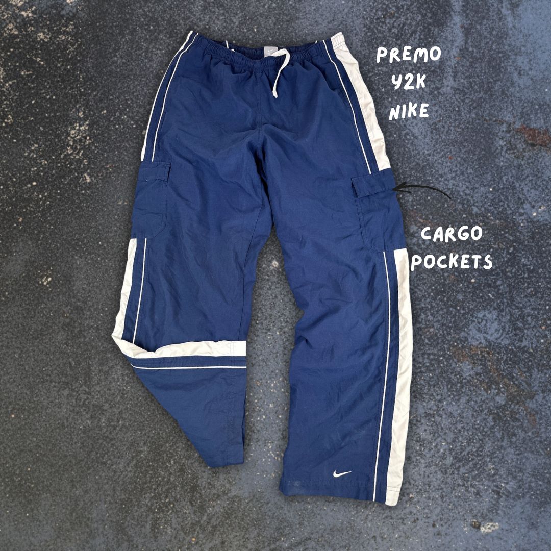 Vintage Y2K Nike Cargo Track Pants XL Navy White Piping Ankle Swoosh Baggy Fit