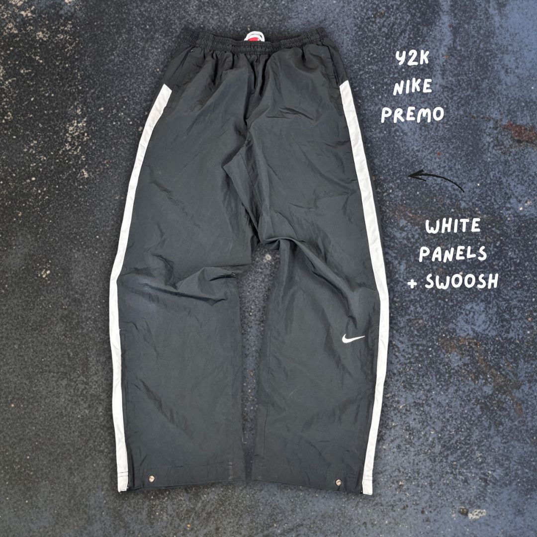 Vintage Y2K Nike Team Track Pants Size M Black White Panels Swoosh Ankle Zip Baggy