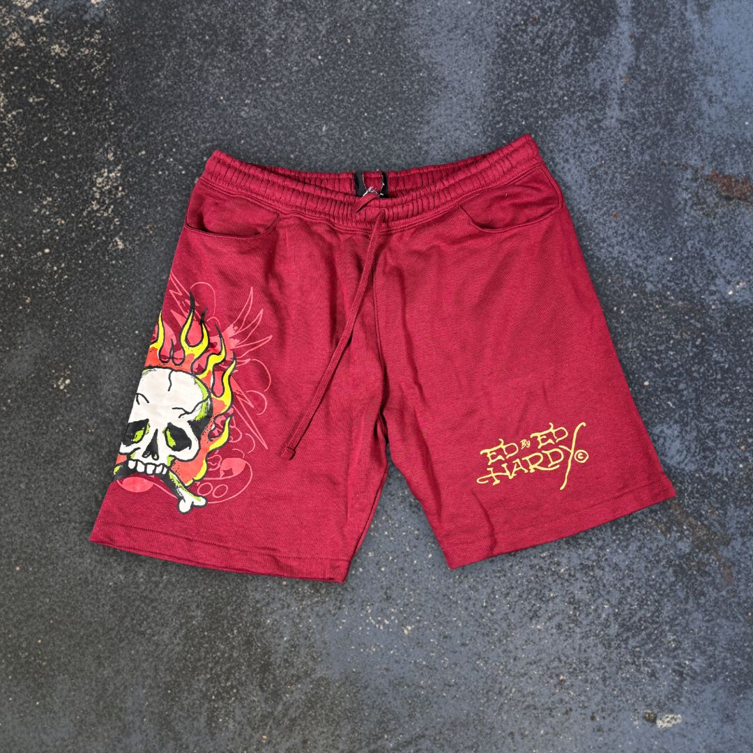 Ed Hardy Sweat Shorts Size L Red Tattoo Art Skull Flame Y2K Streetwear Style