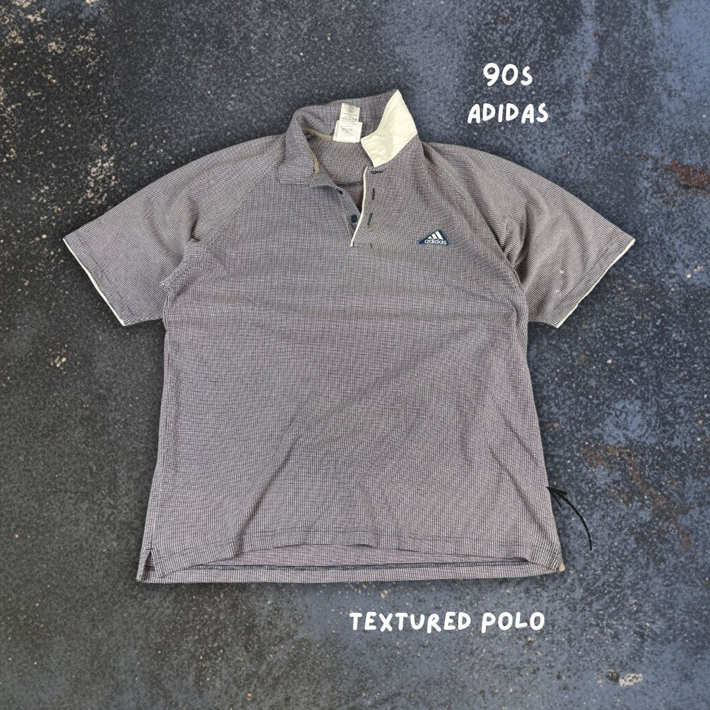 Vintage 90s Adidas Polo Size L Grey Red Cotton Textured Badge Logo