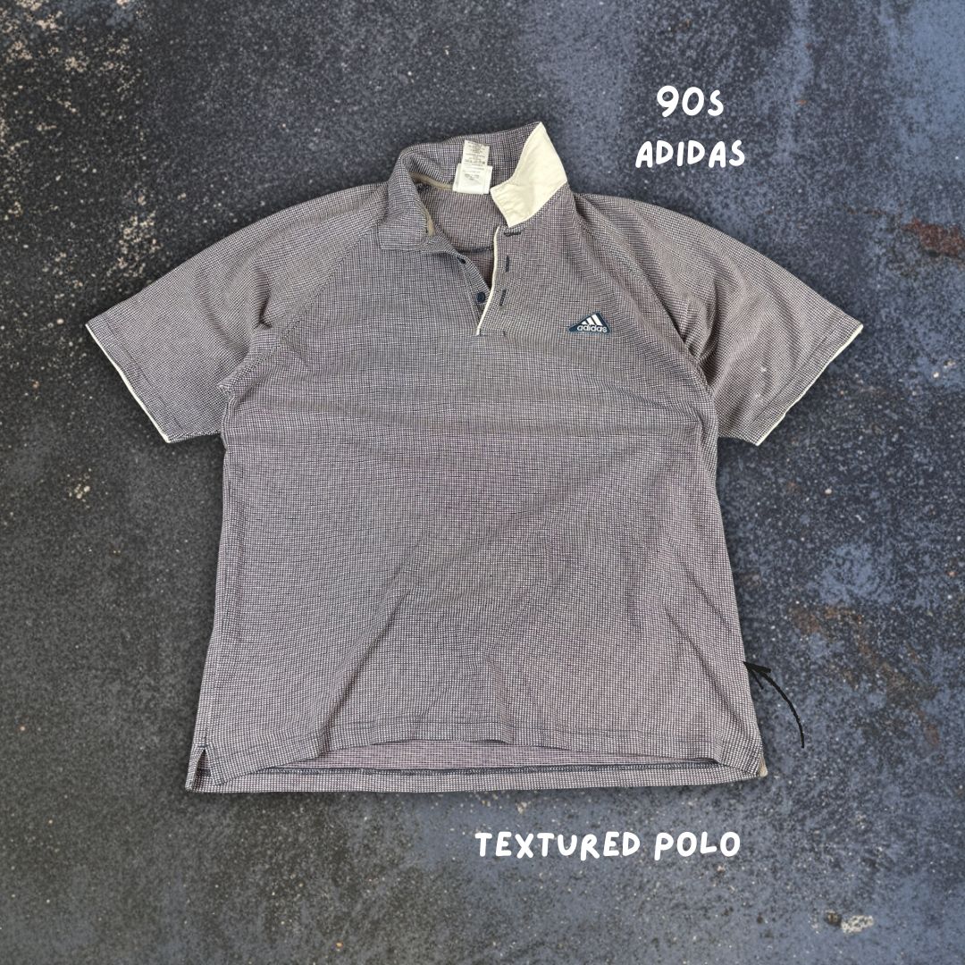 Vintage 90s Adidas Polo Size L Grey Red Cotton Textured Badge Logo