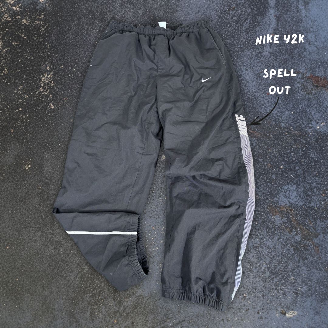 Vintage Y2K Nike Track Pants Men’s XL Black White Spell Out Logo Wide Leg Baggy