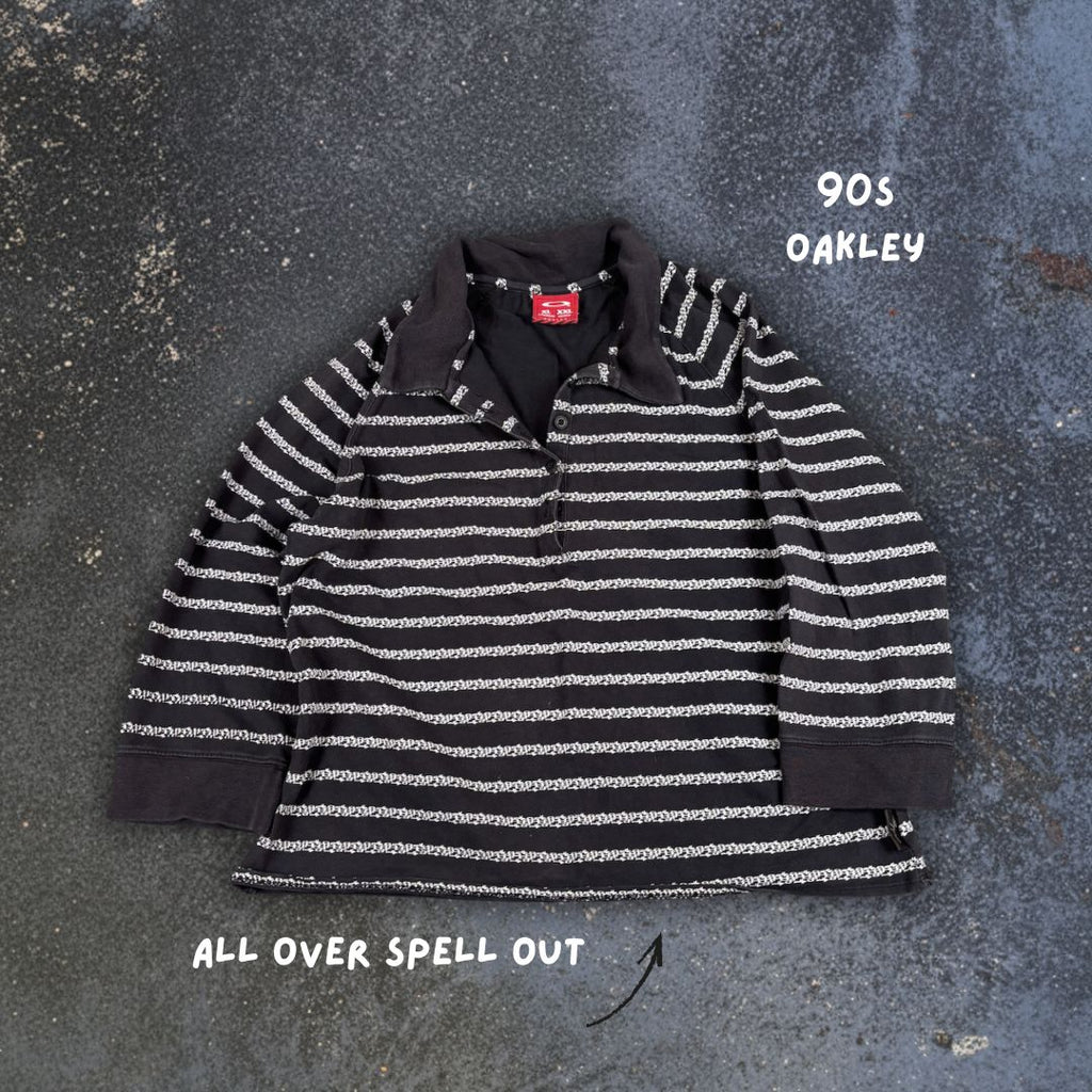 Vintage 90s Oakley Cropped Polo Women’s M Black All Over Logo  3/4 Sleeve