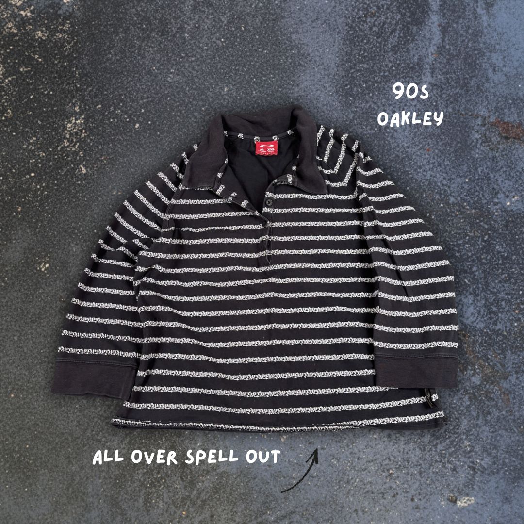 Vintage 90s Oakley Cropped Polo Women’s M Black All Over Logo  3/4 Sleeve