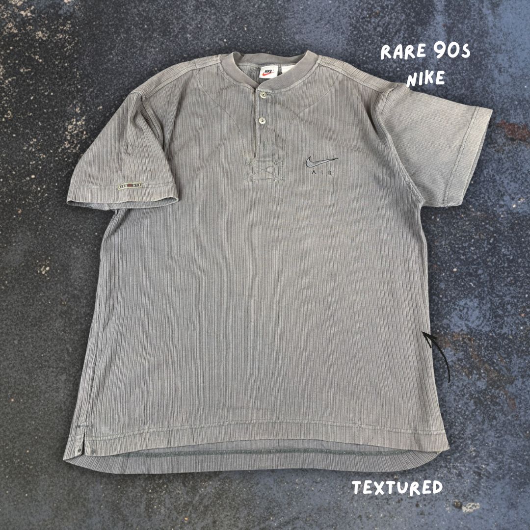 Vintage 90s Nike Air T-Shirt Size S Oversized Grey Mandarin Neck Textured Cotton