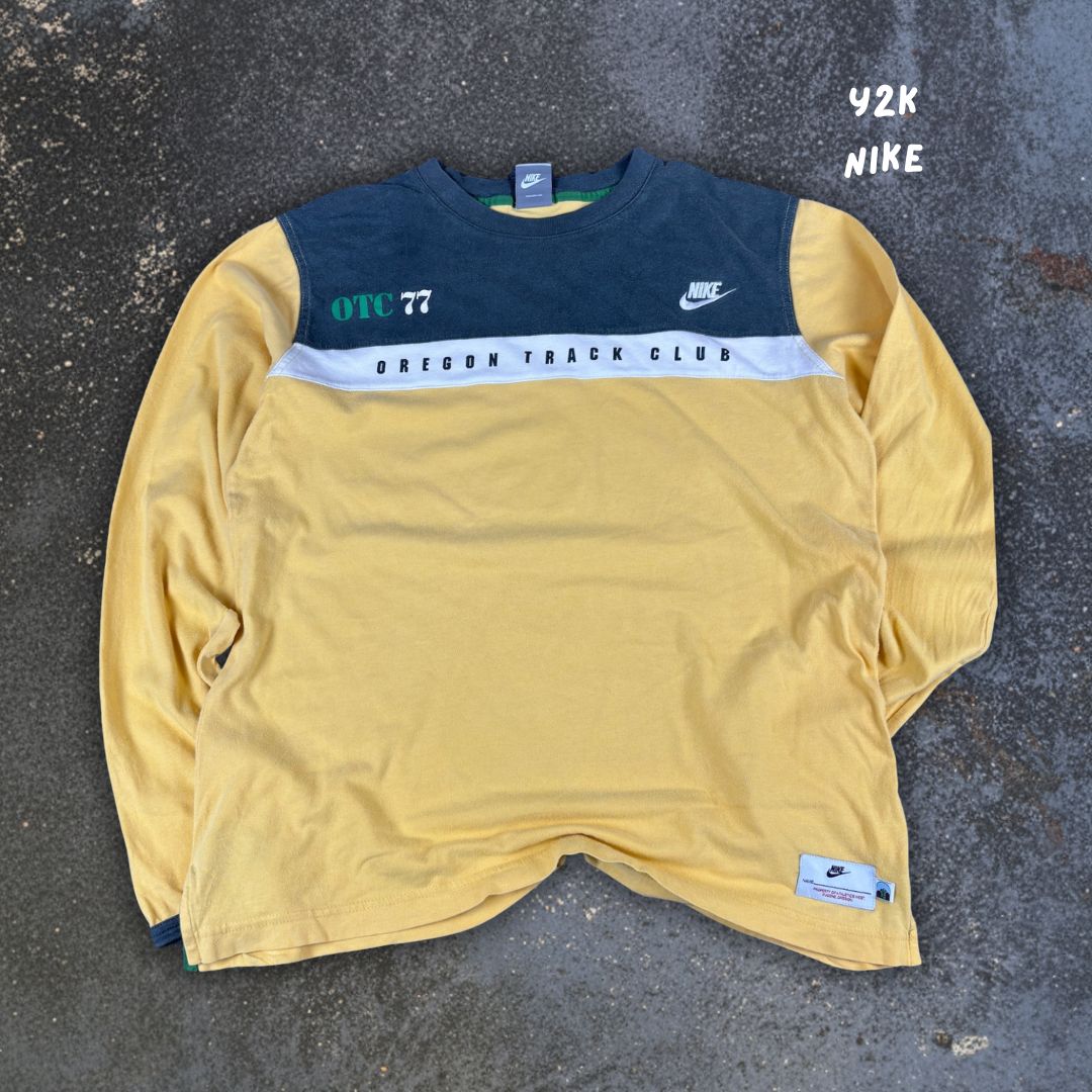 Vintage Y2K Nike T-Shirt L Green Yellow Cotton Long Sleeve Oregon Track Club