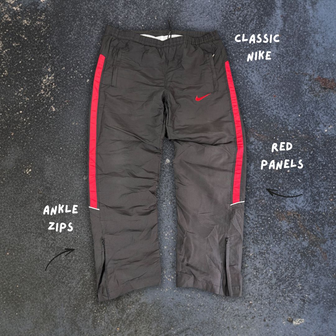 Vintage Y2K Nike Track Pants Men's L Black Red Swoosh Panels White Piping Ankle Zips Wide Leg