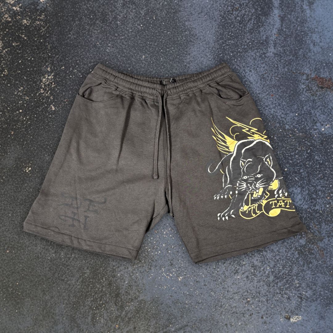 Ed Hardy Sweat Shorts Size XL Black Gold Tattoo Art Panther Y2K Streetwear Style
