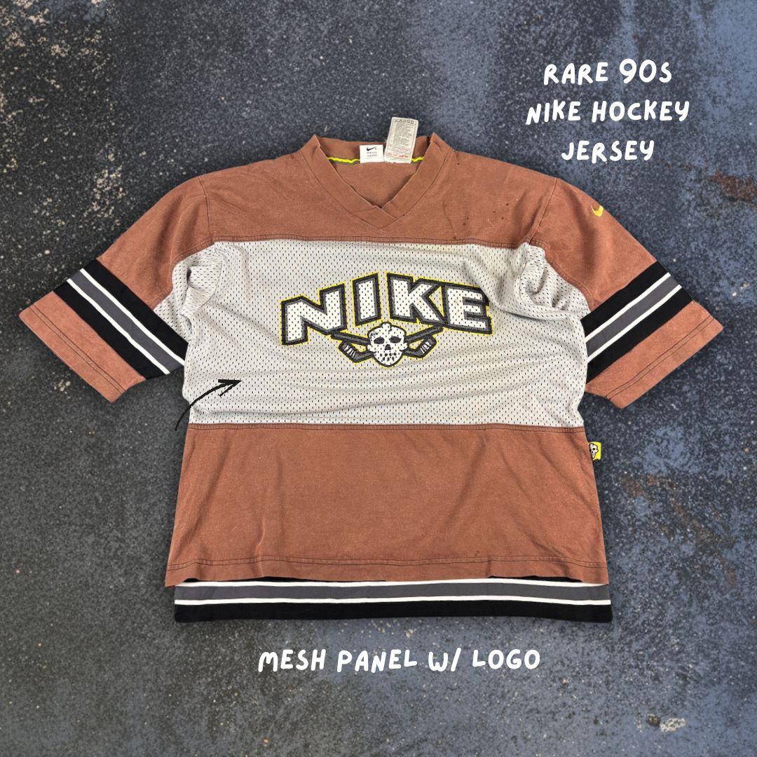 Vintage 90s Nike Jersey T-Shirt Size S Brown Grey Mesh Hockey Mask Graphic Rare