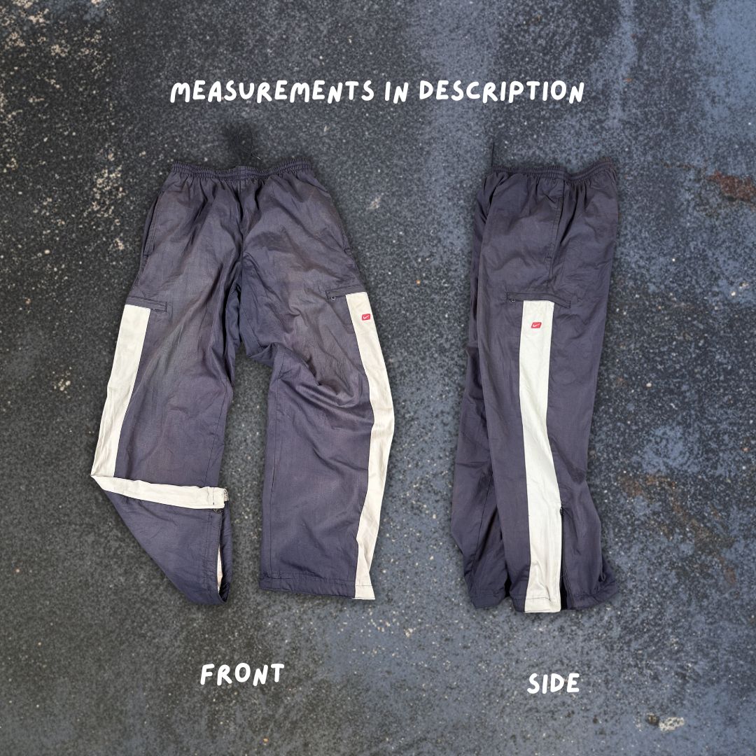 Vintage Y2K Nike Cargo Track Pants Size S Navy Grey Panel Red Badge Ankle Zips Wide Leg