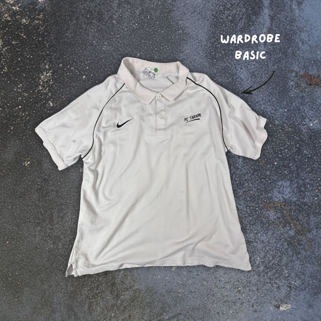 Nike Polo Shirt Men’s XL White Black Piping Swoosh FC Tarare Logos