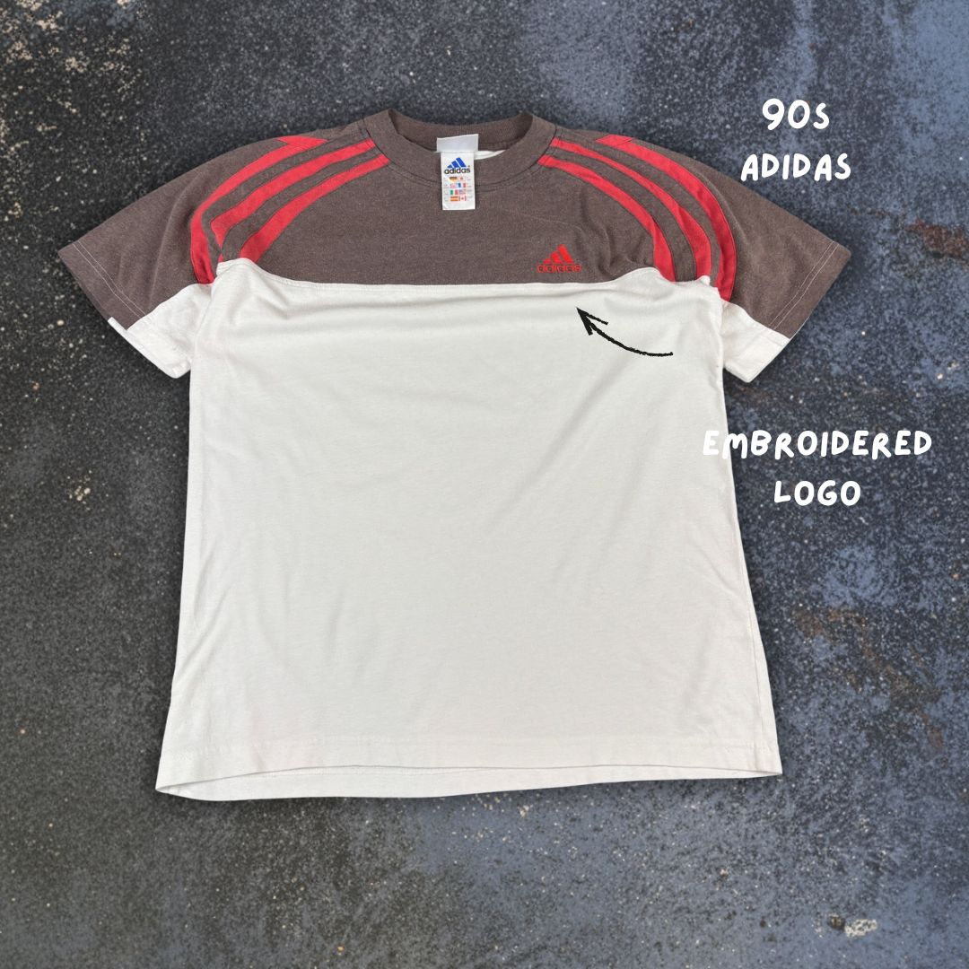 Vintage 90s Adidas T-Shirt Size L White Brown Red Logo 3 Stripes Faded Crew Neck