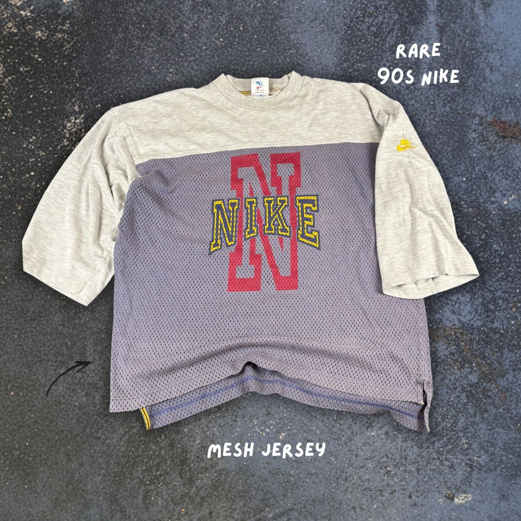 Vintage 90s Nike Raglan Jersey T-Shirt M Grey Purple Mesh Spell Out 3/4 Sleeve Rare